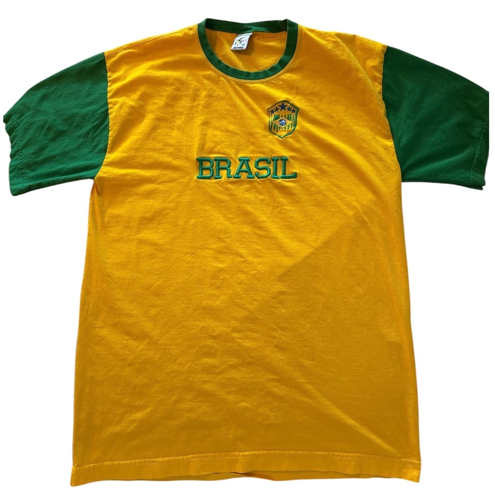 Pierim Brasil Brazil Soccer T Shirt Mens Large Yellow Green Embroidered Cotton
